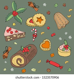 Set of different Christmas and winter desserts isolated on gray. Color, hand drawn. Festive elements for restaurant and cafe menu.
