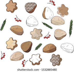 Set of different Christmas and winter desserts isolated on white background. Black and white, colored, hand-drawn. Festive items for restaurant and cafe menus.