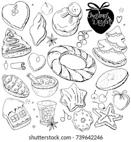 Set of different Christmas and winter desserts isolated on white. Black and white, hand drawn. Festive elements for restaurant and cafe menu.