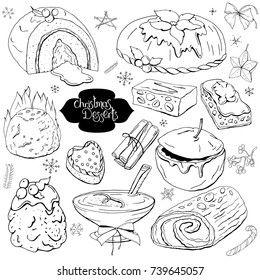 Se sirven postres navideños e invernales en blanco. Blanco y negro, dibujado a mano. Elementos festivos para el menú de restaurante y café.