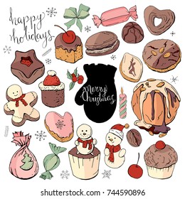 Set of different Christmas and winter desserts isolated on white. Color, hand drawn. Festive elements for restaurant and cafe menu.