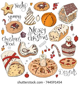 Set of different Christmas and winter desserts isolated on white. Color, hand drawn. Festive elements for restaurant and cafe menu.