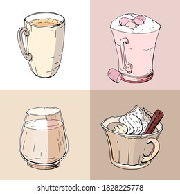 Set of different Christmas and winter drinks. Elements isolated on white for restaurant and cafe menu. 