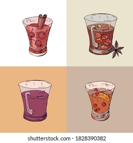 Juego de diferentes bebidas de Navidad e invierno. Elementos aislados en blanco para el menú de restaurante y café. 