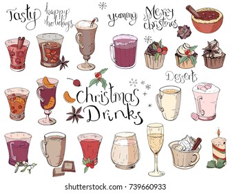 Set of different Christmas and winter drinks. Elements isolated on white for restaurant and cafe menu. Color, hand drawn. Calligraphy phrase Christmas Drinks.