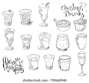Set of different Christmas and winter drinks. Elements isolated on white for restaurant and cafe menu. Black and white, hand drawn. Calligraphy phrase Merry Christmas
