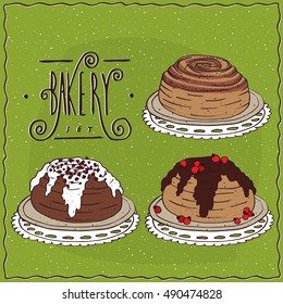 Set of different cinnamon rolls, without filling, with white icing and pieces of chocolate, with chocolate and red berries. Handmade cartoon style. Vector illustration