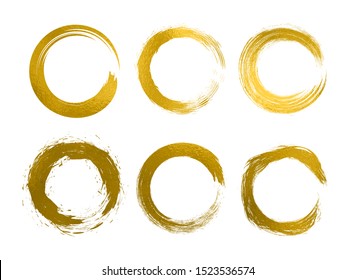 Set different circle brush strokes, hand drawn paint brush circle logo gold frame – vector