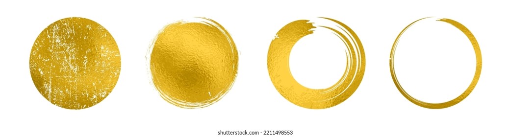 Set Different Circle Brush Strokes Isolated, Hand Drawn Paint Brush Circle Logo Gold Frame – Vector