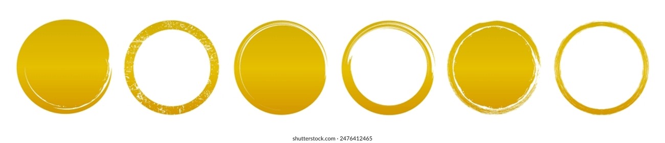 Set different circle brush strokes, simple brushes with gold gradation, hand drawn paint brush circle logo gold frame isolated