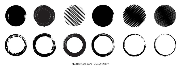 Set different circle brush strokes isolated, hand drawn paint brush circle logo black frame