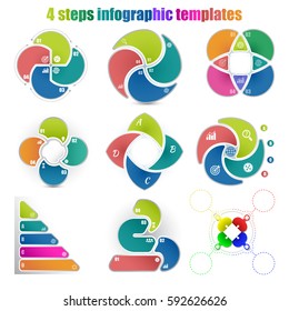 Set of different circle infographic templates 4 steps. Colorful parts and business icons. For presentation and design concept. Vector illustration.