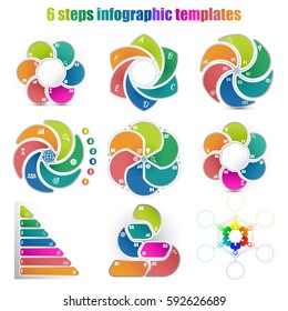 Set of different circle infographic templates 6 steps. Colorful parts and business icons. For presentation and design concept. Vector illustration.