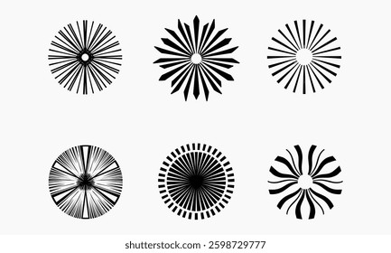 Set of different circular abstract designs with radial patterns in contrasting black and white.