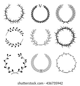 Set of different circular wreaths of different plants - thorns, laurel, of ears and seeds of different branches with leaves on a white background in vector graphics