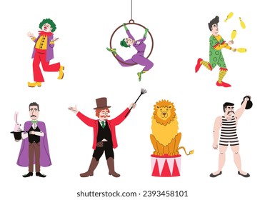 Set of different circus characters. People doing show in doodle style.