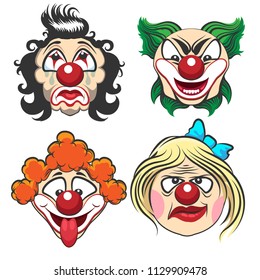 Set of different circus clown faces. Fun and creepy clowns. Vector Illustration.