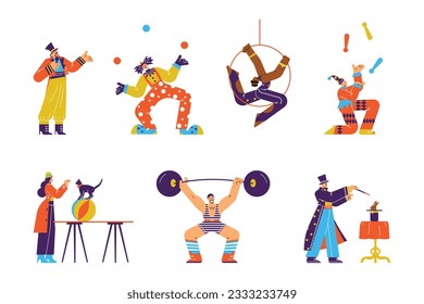 Set of different circus performers flat style, vector illustration isolated on white background. Decorative design elements collection. Juggler, clown, acrobat and magician