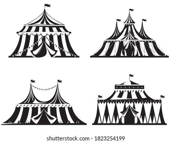 Conjunto de diferentes carpas de circo. Ilustraciones de estilo monocromo.