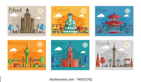 Set of different cities for travel destinations. Landmarks banner template of flyer, magazines, posters, book cover, banners. Layout workplace technology flat illustrations modern pages