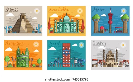 Set of different cities for travel destinations. Landmarks banner template of flyer, magazines, posters, book cover, banners. Layout workplace technology flat illustrations modern pages