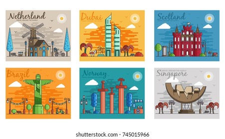 Set of different cities for travel destinations. landmarks banner template of flyer, magazines, posters, book cover, banners. Layout workplace technology flat illustrations modern pages