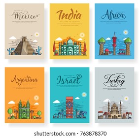 Set of different cities for travel destinations. Landmarks banner template of flyer, magazines, posters, book cover, banners. Layout architectural flat illustrations modern pages