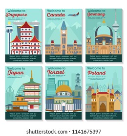 Set of different cities for travel. Landscape template flyer. Landmarks banner in vector. Travel destinations cards. Singapore, Canada, Germany, Japan, Israel, Poland.