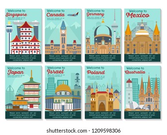 Set of different cities for travel. Landscape template flyer. Landmarks banner in vector. Travel destinations cards. Canada, Germany, Japan, Israel, Poland, Mexico, Ausrtalia