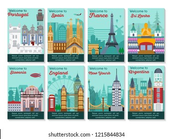 Set of different cities for travel. Landscape template flyer. Landmarks banner in vector. Travel destinations cards. Portugal, Spain, France, Sri Lanka,, Slovenia, England, New York, Argentina