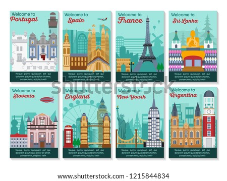 Set of different cities for travel. Landscape template flyer. Landmarks banner in vector. Travel destinations cards. Portugal, Spain, France, Sri Lanka,, Slovenia, England, New York, Argentina
