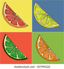 The set of different citruses isolated on colored squares. Design element. Printed and textile production. Children goods.