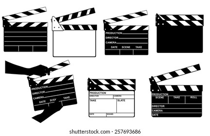 set of different clapperboards isolated on white