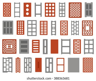 Set of different clay and concrete bricks isolated on white