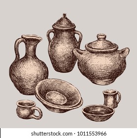 set of different clayware