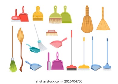 Set of Different Cleaning Household Tools Broom, Scoop, Dustpans and Brushes for Cleanup. Manual Domestic Supplies for Sweeping and and Housekeeping Works. Cartoon Vector Illustration, Icons