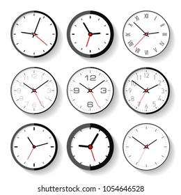 Set of different clock icons in flat style, minimalistic timers on white background. Business watchs. Vector design elements for you projects