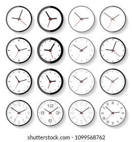 Set of different clock icons in flat style, minimalistic timers on white background. Business watchs. Vector design elements for you projects