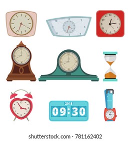 Set of different clocks and hand watches isolate on white. Clock and watch hand, time and dial. Vector illustration