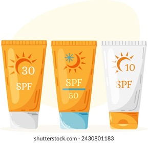 Set of different closed tubes with sunscreen. Cream with SPF blocks the sun's rays. Product for the “Summer Protection” set. Sun safety vector illustration.