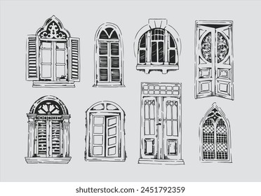 Set of different closed windows and doors isolated on white background. Vector hand drawn doodle illustration.