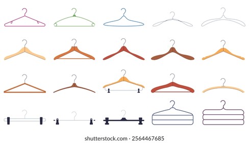 Set of different clothes hangers. Wooden, plastic, metal hangers in homes, clothing stores. Vector illustrations