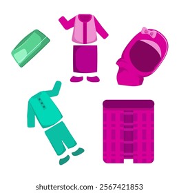 Set of different clothes on a white background. Cartoon vector illustration.
