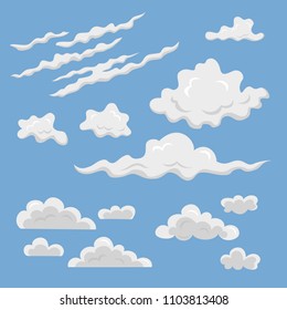 Set of different clouds on the blue background. Vector illustration.