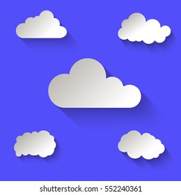 Set of different clouds on blue background. Sky flat illustration collection for web, art and app design. Graphic clouds. Vector illustration.