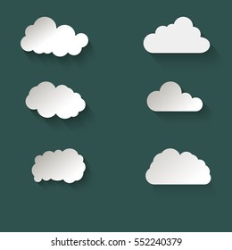 Set of different clouds on green background. Sky flat illustration collection for web, art and app design. Graphic clouds. Vector illustration.