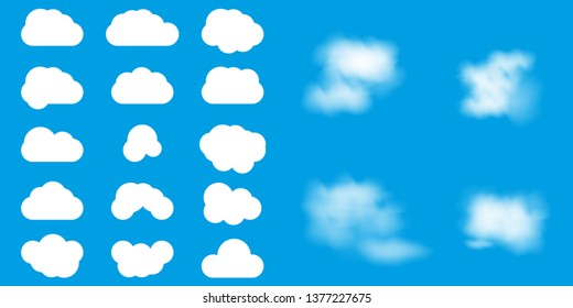 Set of different clouds vector illustration. Flat clouds and realistic clouds