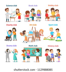 Set of different clubs for school children card isolated on white, vector illustration of art math science sport book and drama sections, happy kids