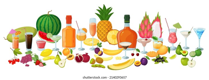 A set of different cocktails and fruits.Fresh fruits, orange,kiwi, watermelon, lemon,passion fruit,pitaya, plum,apricot,grapes.Pina colada, Manhattan, mojito, bloody Mary.whiskey, vodka.