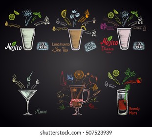  Set of different cocktails: mojito, mojito diablo, long island ice tea, martini, bloody mary and mulled wine. Alcohol cocktails.